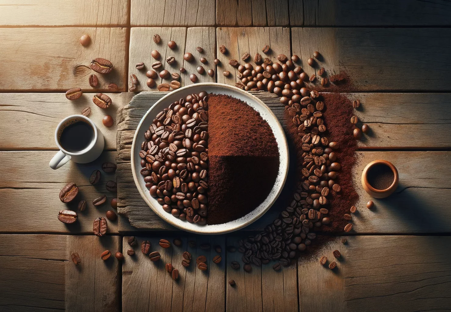 DALL·E 2024-03-20 12.17.35 - A wide, panoramic image showcasing fresh coffee beans directly next to ground coffee on a rustic wooden table to visually contrast the two. This side-