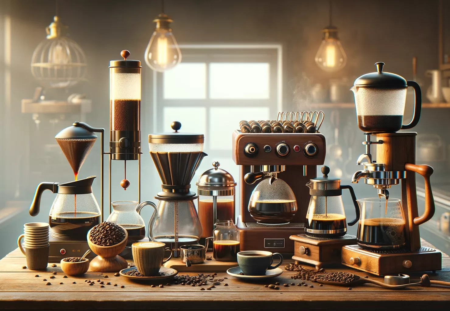 DALL·E 2024-03-20 13.45.08 - A panoramic view of various coffee brewing methods displayed on a wooden kitchen counter, capturing the essence of different techniques in one wide im